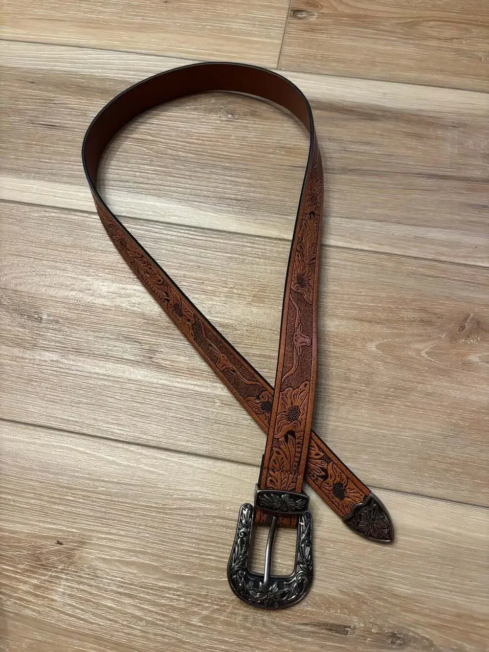 Western Floral Carved Brown Leather Belt with Longhorn Design and Metal Buckle S